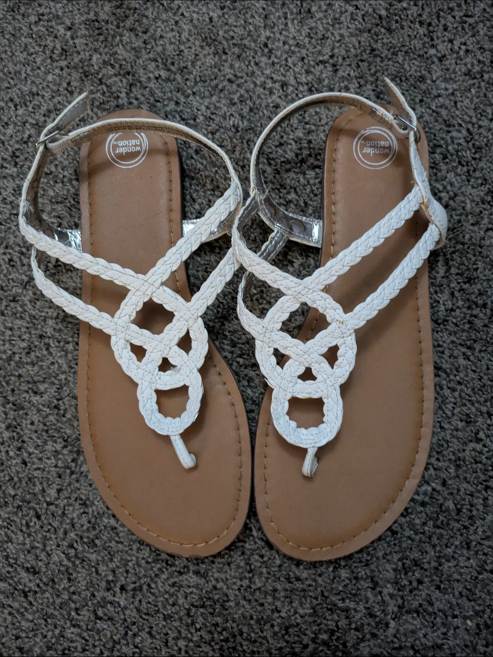 wonder nation White Braided T-Strap Ankle Buckle Sandals